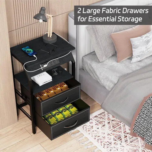 Miniatura 4 de SZLHANJZ Mesa auxiliar con luz, mesita de noche LED con 2 cajones y estación de carga tipo C, mesita de noche de tela pequeña para mesita de noche