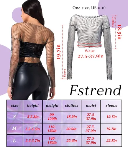 Miniatura 3 de Fstrend Cadena de malla de cristal con diamantes de imitación, parte superior corta negra, manga larga, bikini transparente, A
