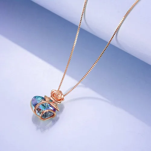 Miniatura 3 de AOBOCO Collar de plata de ley con forma de corazón y flor de rosa adornado con cristales de Austria, regalo de joyería de rosas de cumpleaños