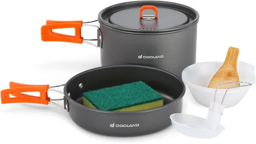 Miniatura 8 de Odoland Juego de ollas y sartenes ligeras antiadherentes con cuencos de plástico, cuchara de sopa para mochileros, cocina al aire libre y picnic