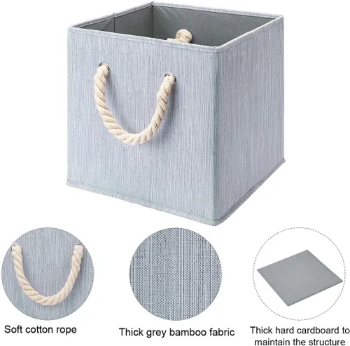Miniatura 4 de Contenedores plegables de almacenamiento de tela de bambú gris, plegable, resistente, con asa de cuerda de algodón, para oficina en casa