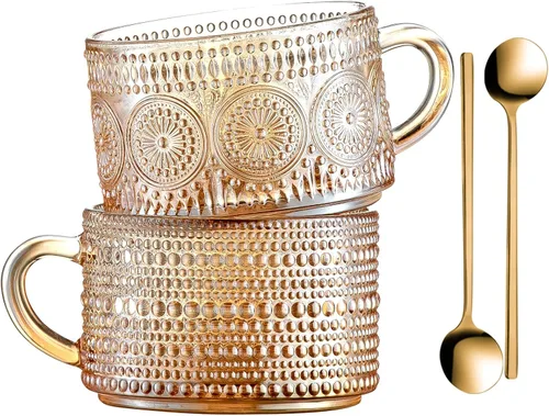 Gezzeny Tazas de café vintage de 14 onzas, juego de 2 tazas de té de vidrio en relieve ámbar para capuchino, café con leche, cereales, yogur,