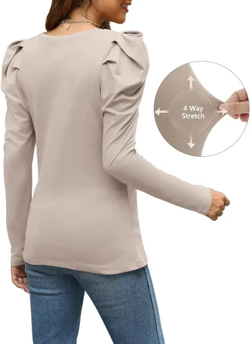 Miniatura 2 de Blusas casuales de manga larga abombadas para mujer, cuello redondo, ajustadas