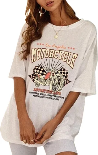 SAFRISIOR Camiseta vintage de manga corta con estampado de motocicleta para mujer, cuello redondo, casual, de gran tamaño, con estampado de