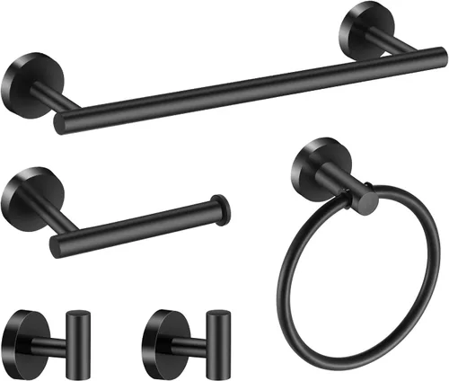 Juego de toallero Hinmood Mattel negro, juego de accesorios de baño de 5 piezas que incluye barra de toalla de 16 pulgadas, anillo de toalla y 2