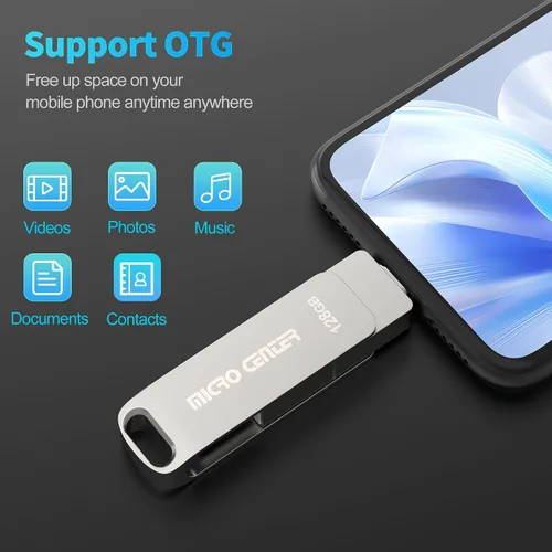 Miniatura 5 de Micro Center SuperSpeed - Paquete de 5 unidades de 128 GB USB 3.2 Gen 1 Tipo-C, OTG tipo A, unidad flash giratoria de metal para almacenamiento
