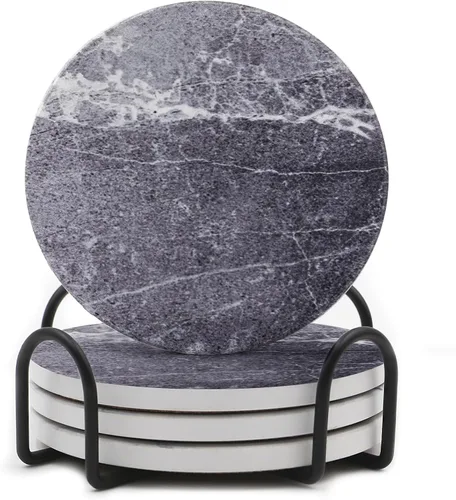 Miniatura 11 de LIFVER Juego de 6 posavasos para bebidas, piedra absorbente con soporte, posavasos de cerámica estilo mármol negro para protección de mesa, amarillo