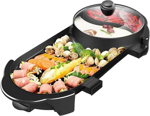 SEAAN Olla caliente con parrilla, parrilla eléctrica para interiores, Shabu Shabu Shabu Pot coreana sin humo, doble temperatura contral, capacidad