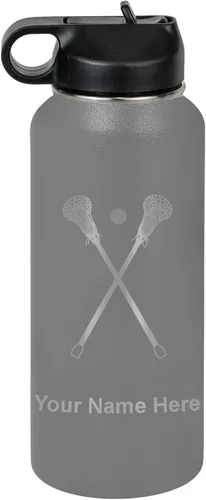 Miniatura 48 de LaserGram Botella de agua personalizada, palitos de lacrosse, acero inoxidable de doble pared aislada al vacío con popote superior, regalo grabado