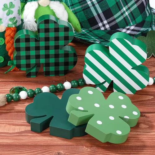 Miniatura 5 de Jetec 4 piezas de decoración de trébol de madera del día de San Patricio, decoración de bandeja escalonada del día de San Patricio, trébol verde