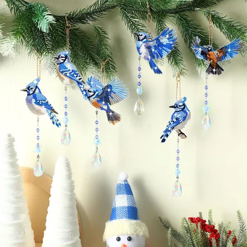 Miniatura 2 de Juego de 6 carillones de viento de cristal con diseño de Jay azul con diseño de diamantes 5D, adornos azules de invierno, adornos de Jay de doble