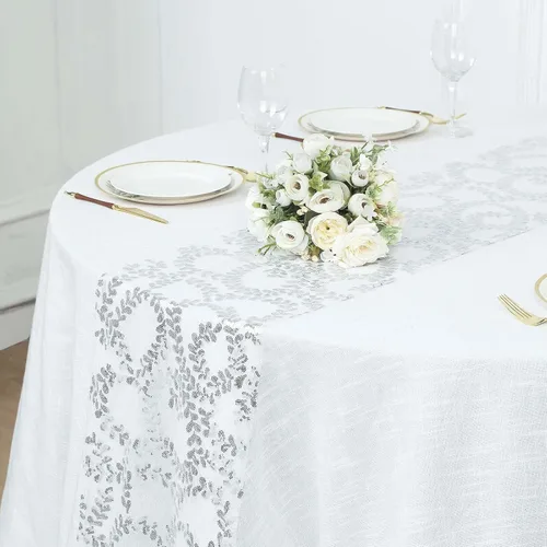 Miniatura 11 de Efavormart - Superposición de mesa de tul bordado de hojas de lentejuelas plateadas de 72 x 72 pulgadas, mantel cuadrado transparente Plateado