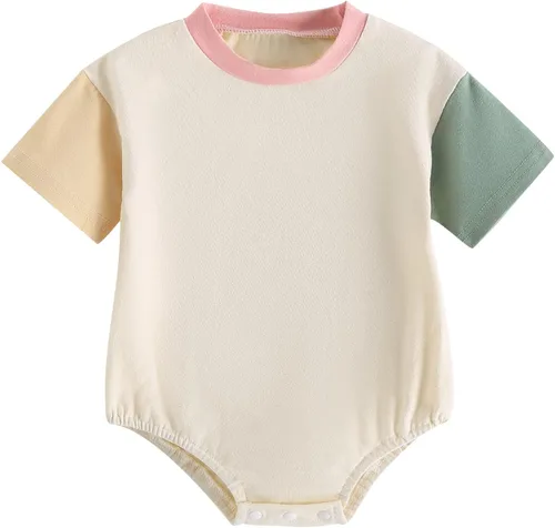 WALLARENEAR Mameluco de burbujas para recién nacido, color sólido, bloque de color, sudadera de manga corta, ropa de verano
