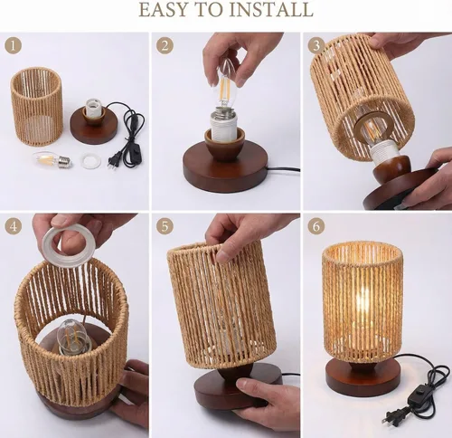 Miniatura 4 de Lámpara de mesa pequeña de ratán para dormitorio, lámpara de noche bohemia con bombilla LED cálida, lámpara de mesita de noche de mimbre tejida a