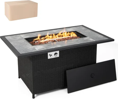 Tangkula Patiojoy - Mesa de mimbre para fogata de propano para patio, de 52 pulgadas, mesa de fuego de gas para exteriores de 50,000 BTU con