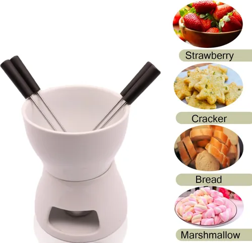 Miniatura 2 de Juego de ollas de fondue con 4 tenedores de cerámica calentador de mantequilla, juego de té de alta calidad, olla de fusión de porcelana