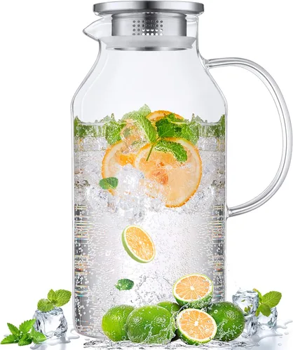Bivvclaz Jarra de vidrio de 2.6 litros y 88 onzas con tapa y asa, jarra de agua de vidrio para agua fría/caliente, jarra de té helado, jarra grande