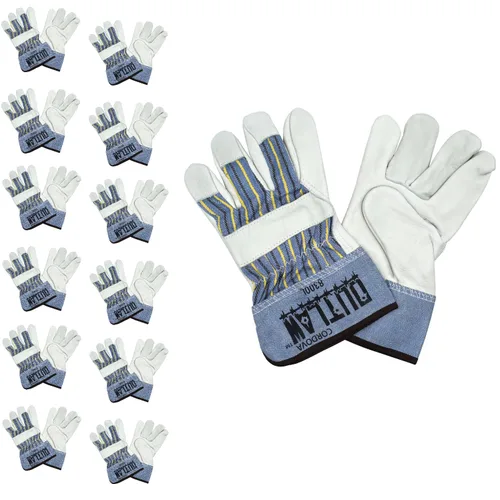 Cordova 8300S Outlaw- Guantes de palma de cuero de grano premium, parte trasera de lona a rayas, puño de seguridad de goma, talla S, paquete de 12