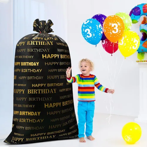 Miniatura 5 de Leinuosen 2 bolsas de regalo grandes de 70 pulgadas, color negro y dorado, bolsas de regalo de plástico de gran tamaño con cuerdas para fiestas