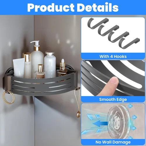Miniatura 3 de Ventosa de esquina para ducha, aleación de aluminio inoxidable con 4 ganchos, no requiere perforación, estante de almacenamiento extraíble e