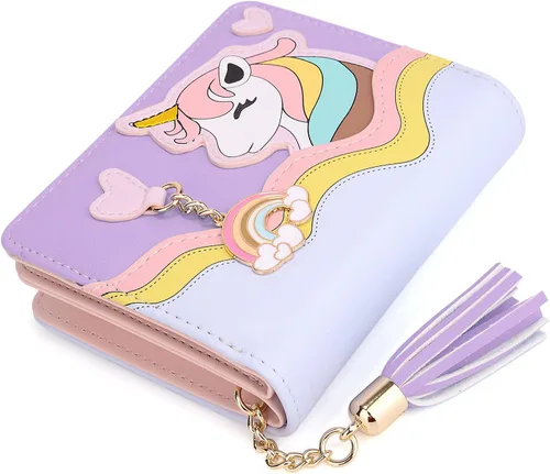 Miniatura 7 de UTO Cartera para niñas de cuero vegano pequeño borla colgante titular de la tarjeta Kawaii monedero 1166, 1166 Púrpura