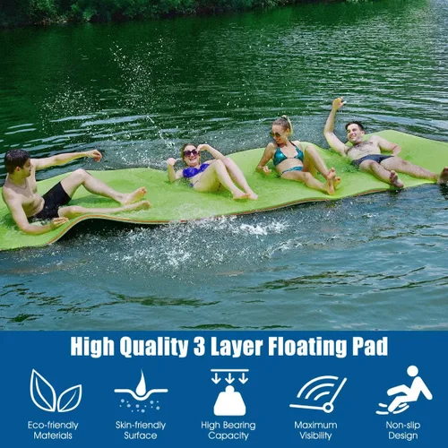 Miniatura 2 de Goplus Almohadilla de agua flotante de 12 x 6 pies, alfombrilla de espuma XPE de 3 capas resistente al desgarro, con dispositivo de amarre y correas