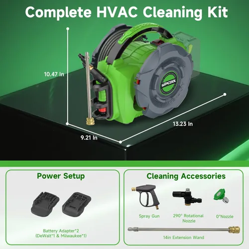 Miniatura 7 de WIPCOOL Máquina de limpieza de bobina inalámbrica HVAC, limpiador de chorro eléctrico de iones de litio de 18 V 80 W, caudal 4L/min 44-73/102-145