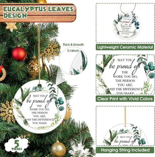 Miniatura 2 de 5 piezas de adornos navideños de agradecimiento, regalos de apreciación navideña, "Que estés orgulloso del trabajo", árbol de Navidad de cerámica