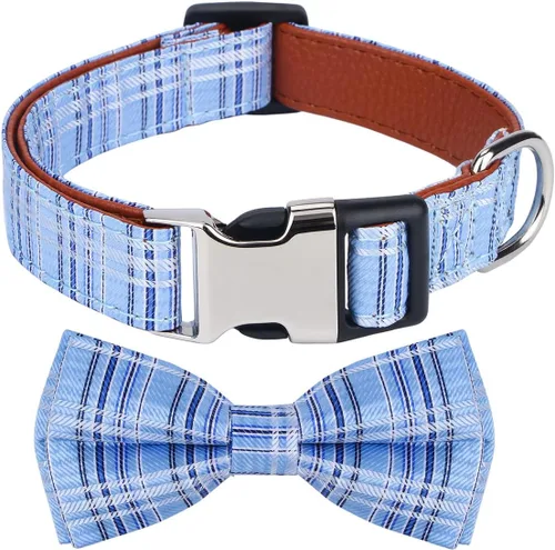 Miniatura 10 de Collar de Perro con Pajarita Patrón a Cuadros Azul Cielo con Pajarita para Perros Niño Niña Mediano C1_Checkered_Azul cielo