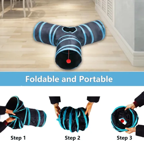Miniatura 2 de Túnel para gatos, tubos de juguete, túneles para gatos de interior, juguete interactivo plegable de 3 vías en azul con bolas para conejos, gatitos