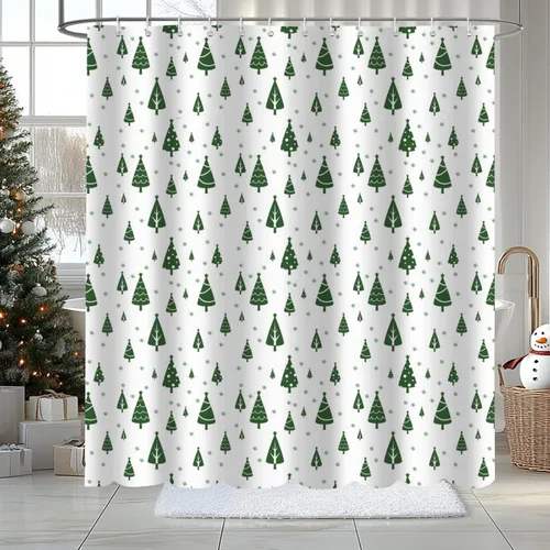 Miniatura 4 de MEHOFOND Cortina de ducha de Navidad Feliz, 183x183 cm, árbol de Navidad verde, cortina de baño de invierno, tela de poliéster impermeable