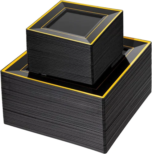 Miniatura 24 de Liacere 100 platos de plástico dorados, platos desechables de purpurina dorada para aperitivos, platos de ensalada/postre de plástico de alta