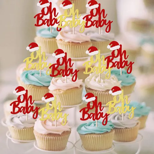 Miniatura 3 de Rsstarxi Paquete de 24 Adornos para Cupcakes Oh Baby de Navidad con Purpurina, Sombreros de Navidad, Palillos para Cupcakes de Baby Shower para Baby