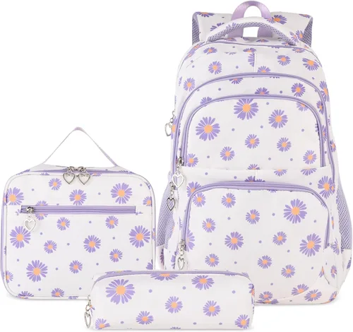 Miniatura 43 de goldwheat Mochilas impresas margaritas con paquete de almuerzo, estuche de lápices 3pcs, bolsa ligera resistente al agua para la escuela secundaria