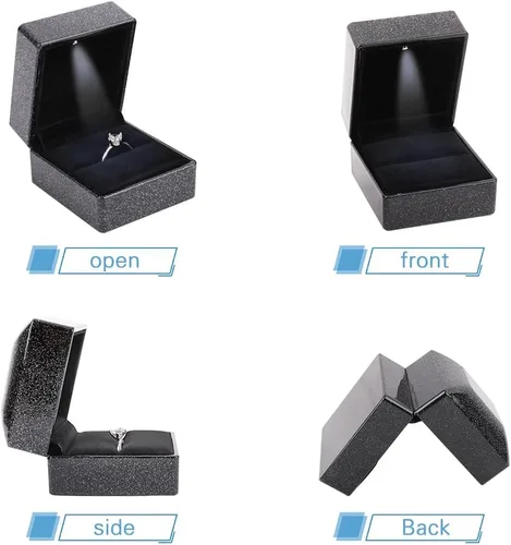 Miniatura 5 de iSuperb Caja de anillo con luces LED, 2 unidades, para propuestas, compromisos, bodas, regalos (paquete de 2 unidades, cielo estrellado, negro)