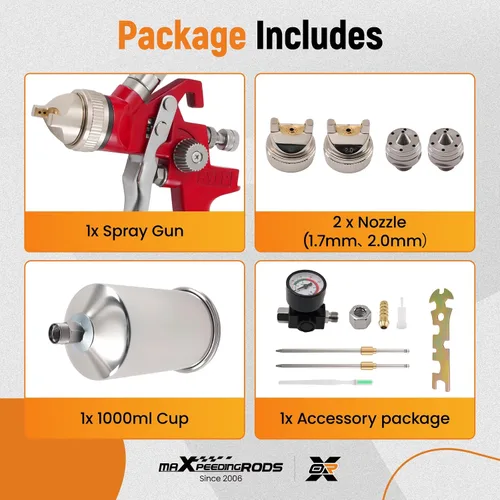 Miniatura 8 de maXpeedingrods HVLP - Kit de pistola rociadora, pistola de pintura automotriz con taza de aluminio de 1000 cc, 3 boquillas y agujas de latón