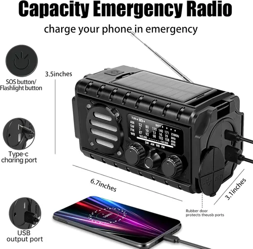 Miniatura 5 de Radio de emergencia con manivela de 20000 mAh, radio meteorológica SW/NOAA/AM/FM, cargador de manivela alimentado por energía solar con batería
