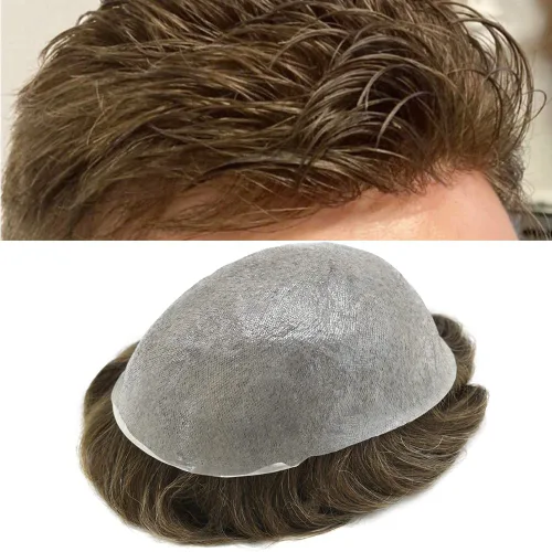 Miniatura 11 de Toupee para hombres, piel ultra fina, 0.002 in, base de poli completa, bucle en V, suave, sistema de reemplazo de cabello humano, pelucas para #1