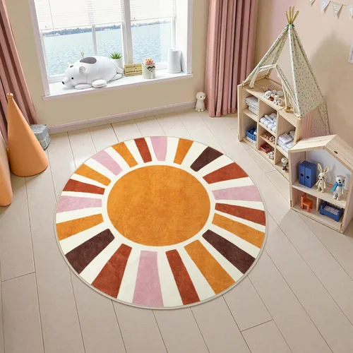 Miniatura 7 de LIVEBOX Alfombra de baño redonda retro de 3 pies, colorida alfombra bohemia suave circular para dormitorio, bonita alfombra lavable antideslizante