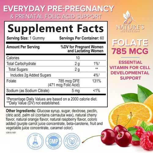 Miniatura 2 de Gomitas de ácido fólico para mujeres, folato de 785 mcg por porción, vitaminas prenatales esenciales para mamá y bebé, suplemento fólico vegano