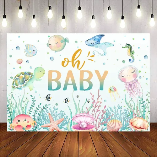 Avezano Fondo para baby shower con texto en inglés "Under The Sea", para baby shower, fondo de fotografía de baby shower, decoración subacuática, 7