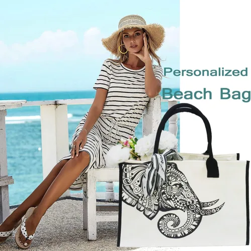 Miniatura 5 de Bolsas de lona grandes personalizadas, bolsas de playa reutilizables, regalos para mujeres, cumpleaños, con bolsillo interior, mandala