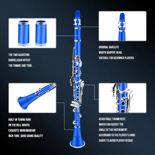 Miniatura 3 de Soulmate Bb Flat - Clarinete para estudiantes principiantes con 17 teclas de níquel con 2 barriles y kit de limpieza para clarinete, color azul