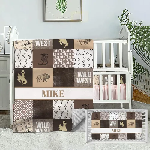 Miniatura 7 de Juego de cama personalizado para bebé, edredón para cuna con nombre personalizado y sábana bajera para niños y niñas, color verde vaca de tierra