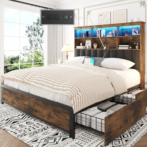 Miniatura 10 de Lifezone Bastidor de cama Queen con cabecera, base de cama Queen con estante de almacenamiento alto con cabecera, 4 cajones de almacenamiento y gris