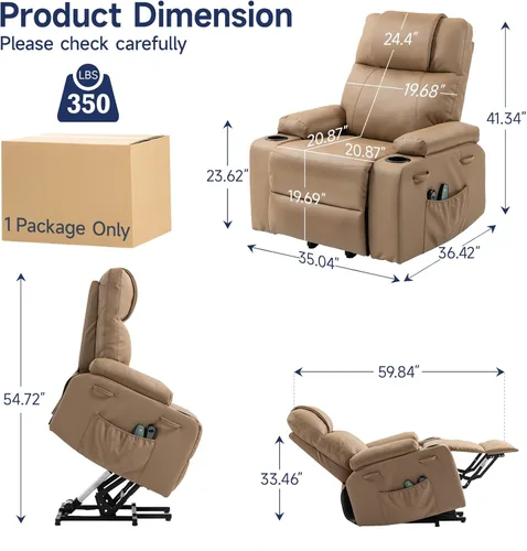 Miniatura 2 de Silla Reclinable con Elevador Eléctrico para Personas Mayores con Masaje y Calor, Sillón Reclinable Eléctrico de Cuero PU Ajustable 160° con Control