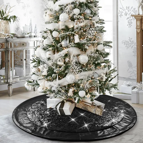 Miniatura 8 de Falda negra para árbol de Navidad de Halloween de 48 pulgadas, falda de árbol grande con purpurina para árbol de 7.5 pies, falda de árbol