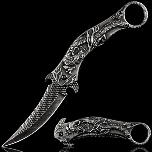 Miniatura 7 de Vividstill Cuchillo de bolsillo para hombres, cuchillo plegable genial con relieve de dragón azul en 3D, gran regalo de cuchillo EDC para hombres