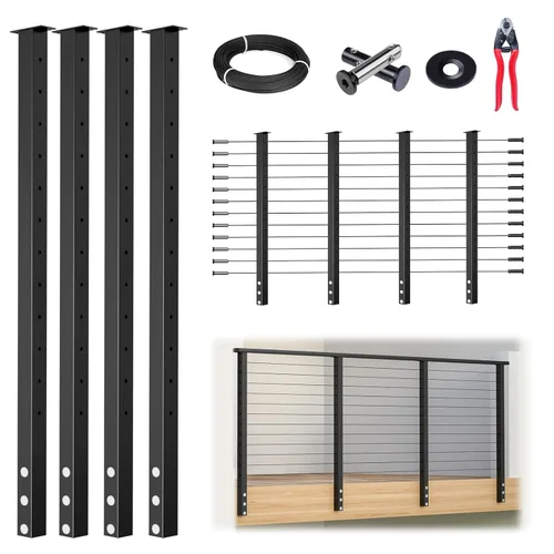 Miniatura 11 de Muzata Kit de barandilla de cable modular negro de 5 a 10 pies de 42 pulgadas, kit de poste de 2 niveles de 42 pulgadas, sistema completo