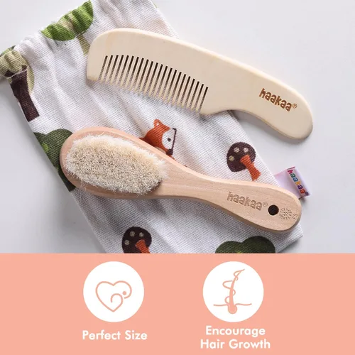 Miniatura 6 de haakaa Juego de cepillo y peine para el pelo del bebé para recién nacidos y niños pequeños, cerdas de lana suave natural y mango de madera, arregla